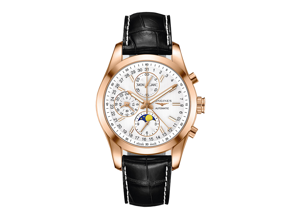 Longines Conquest Classic Self winding mechanical chronograph moon phase movement beating at 28'800 vibrations per hours and providing 48 hours of power reserve No Date Mens watch L27988723