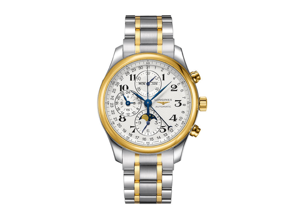 Longines Master Collection Self winding mechanical chronograph moon phase movement beating at 28'800 vibrations per hours and providing 48 hours of power reserve No Date Mens watch L27735787