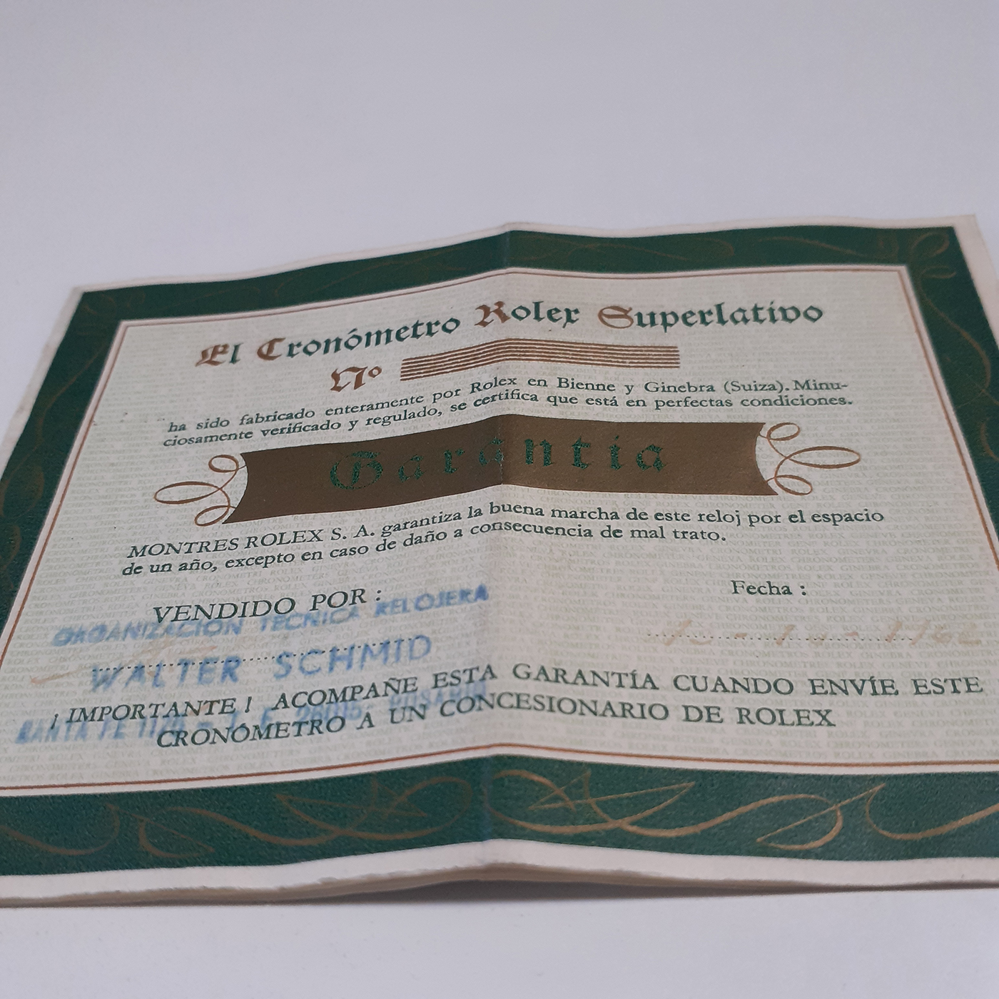 Rolex guarantee CIRCA 1959 ,NO NAME NO NUMBER , VINTAGE EL CRONOMETRO ROLEX SUPERLATIVO Certificado Chronometer & Guarantee Super Rare Spanish