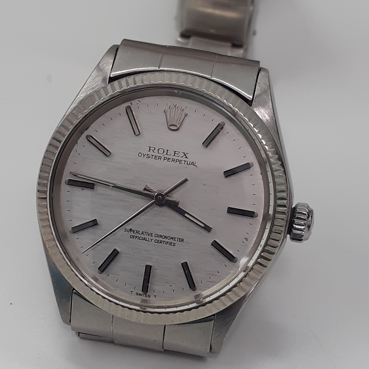 Rolex Mens No Date 34mm Plastic Crystal VERY RARE EXOTIC WG BEZEL TEXTURED DIAL 1005