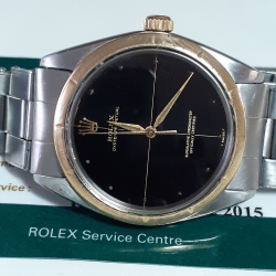 Rolex Mens No Date 34mm Plastic Crystal BLACK GILT DIAL W/ SERVICE PAPERS 1008