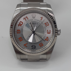 Rolex Mens Air King Sapphire Crystal Concentric Silver Orange Dial 114234